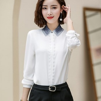 New Arrival 2019 Autumn Fall White Blue Apricot Lace Blouse S-4XL Plus Sizes Long Sleeve Shirt Solid Casual Tops