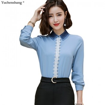 New Arrival 2019 Autumn Fall White Blue Apricot Lace Blouse S-4XL Plus Sizes Long Sleeve Shirt Solid Casual Tops