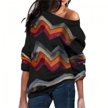 Women Blouses Off Shoulder Tops Striped Print Pullover Jumpers Casual Knitted Tops Long Sleeve Blouse Shirt Camiseta Mujer