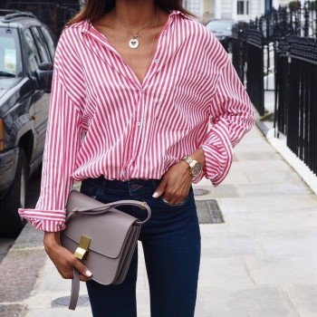 Women Striped Long Sleeve Blouse Shirt Female Loose Blusas Femme Autumn Fall Casual Ladies Office Blouses Top Sexy Plus Size 5XL
