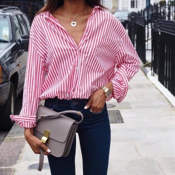 Women Striped Long Sleeve Blouse Shirt Female Loose Blusas Femme Autumn Fall Casual Ladies Office Blouses Top Sexy Plus Size 5XL