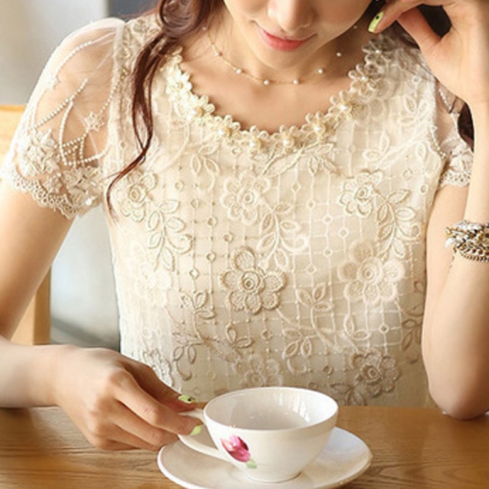 2019 fashion Summer New Offer womens chiffon shirt lace top beading embroidery o-neck  Womens Blouses Blouse  S-XXXL  d338A31