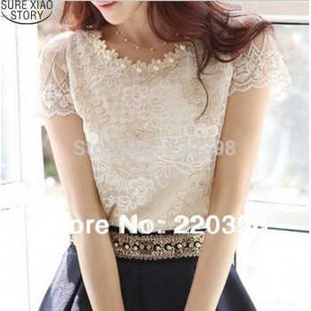 2019 fashion Summer New Offer womens chiffon shirt lace top beading embroidery o-neck  Womens Blouses Blouse  S-XXXL  d338A31