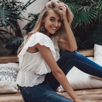 Simplee Sexy v neck summer blouse women Elegant ruffle high waist embroidery cotton shirt Fashion white blouse 2019 ladies tops