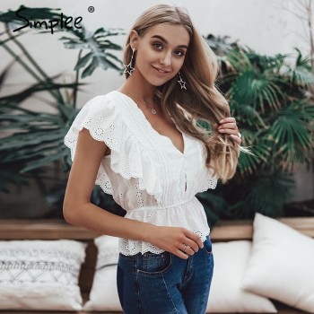 Simplee Sexy v neck summer blouse women Elegant ruffle high waist embroidery cotton shirt Fashion white blouse 2019 ladies tops