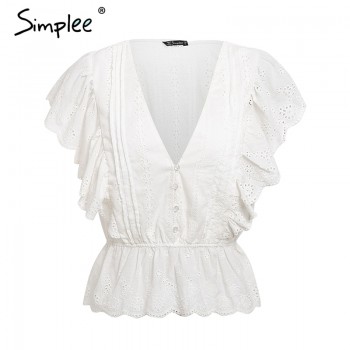 Simplee Sexy v neck summer blouse women Elegant ruffle high waist embroidery cotton shirt Fashion white blouse 2019 ladies tops