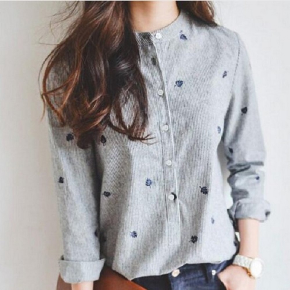 2018 Autumn Shirt Leaves Embroidery Long Sleeve Women Blouses Female Ladies Casual Shirts Women Tops Striped Blusas femininas