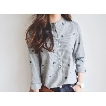 2018 Autumn Shirt Leaves Embroidery Long Sleeve Women Blouses Female Ladies Casual Shirts Women Tops Striped Blusas femininas