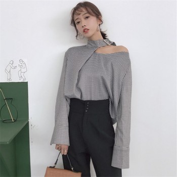 Neploe Women Plaid Shirts 2019 Korean Vintage Fashion Halter Patchwork Blouse Long Sleeve Casual Loose Female Blusas 67001