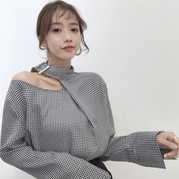 Neploe Women Plaid Shirts 2019 Korean Vintage Fashion Halter Patchwork Blouse Long Sleeve Casual Loose Female Blusas 67001