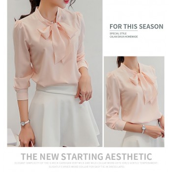 Harajuku New Spring Summer Blouse Women Long Sleeve Shirts Fashion Leisure Chiffon Shirt Bow Office Ladies Pink White Tops