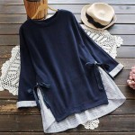 Vintage Women Striped Patchwork Pullover Autumn O Neck Long Sleeve Loose Blusas Casual Blouse Femme Top Bow Tie Shirt Plus Size