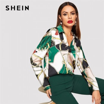 SHEIN Multicolor Equestrian Print Collared V-neck Satin Top Elegant Long Sleeve Pullover Women Autumn Casual Tops And Blouses