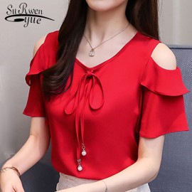 2019 fashion bow v-neck sweet womens clothing summer short sleeve chiffon women shirt blouses red womens tops blusas D667 30