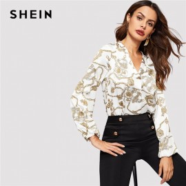 SHEIN Office Lady White Cut-out V Neck Chain Print Top 2019 Elegant Workwear Long Sleeve Blouse Women Autumn Top Blouses