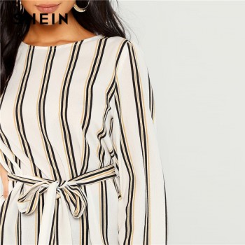 SHEIN White Office Lady Elegant Striped Print Scoop Neck Long Sleeve Blouse 2018 New Autumn Workwear Women Tops And Blouses