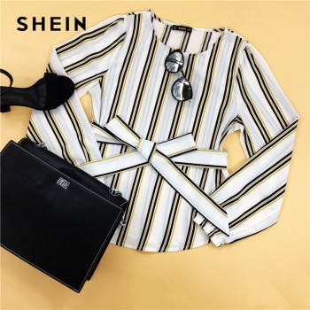 SHEIN White Office Lady Elegant Striped Print Scoop Neck Long Sleeve Blouse 2018 New Autumn Workwear Women Tops And Blouses