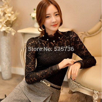 2018 New Ruffled Collar Long Sleeve Blouses Shirts with Beaded  Plus Size Lace Women Blouse Women Clothing Blusas Femininas 59A0
