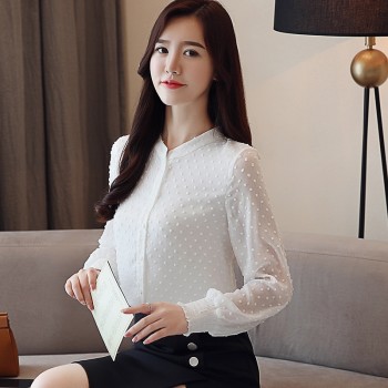 2018 New arrived women shirt sweet  female V collar wave point long-sleeved suntan  women blouse Korean style OL blusa 0974  30