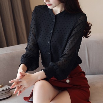 2018 New arrived women shirt sweet  female V collar wave point long-sleeved suntan  women blouse Korean style OL blusa 0974  30