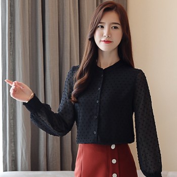 2018 New arrived women shirt sweet  female V collar wave point long-sleeved suntan  women blouse Korean style OL blusa 0974  30