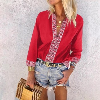 Large Size 4XL 5XL Spring Blouses Solid Color Stitching Shirt New Deep V Eight-sleeve Digital Print Casual Summer Women Blusas