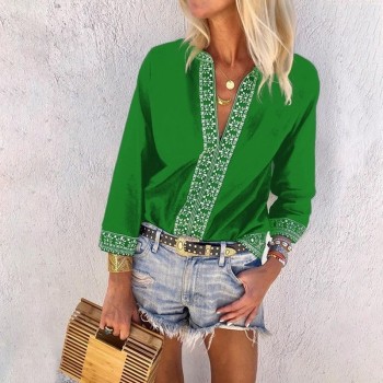 Large Size 4XL 5XL Spring Blouses Solid Color Stitching Shirt New Deep V Eight-sleeve Digital Print Casual Summer Women Blusas