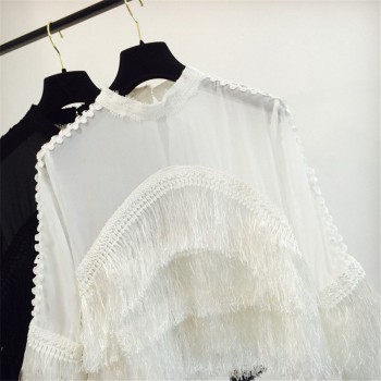 Tassel Patchwork Chiffon Blouse Women 2019 New Fashion Perspective Loose Blusa Solid Slim Hollow Out Feminino Shirts 64470