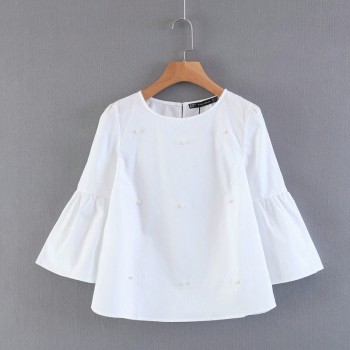 women elegant pearls beading striped shirt flare sleeve O neck blouse ladies summer brand casual tops blusas