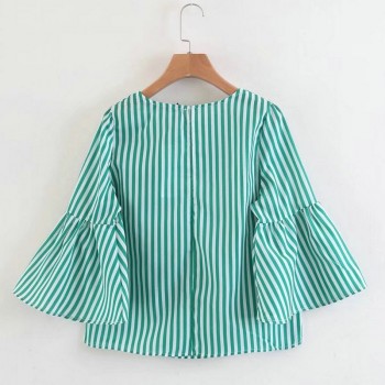 women elegant pearls beading striped shirt flare sleeve O neck blouse ladies summer brand casual tops blusas