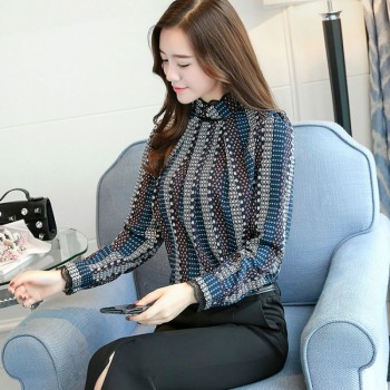 new Fashion 2019 chiffon women blouse shirt print blue striped womens clothing long sleeves office lady tops blusas  C924 30