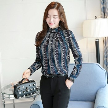 new Fashion 2019 chiffon women blouse shirt print blue striped womens clothing long sleeves office lady tops blusas  C924 30