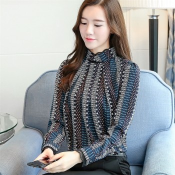 new Fashion 2019 chiffon women blouse shirt print blue striped womens clothing long sleeves office lady tops blusas  C924 30