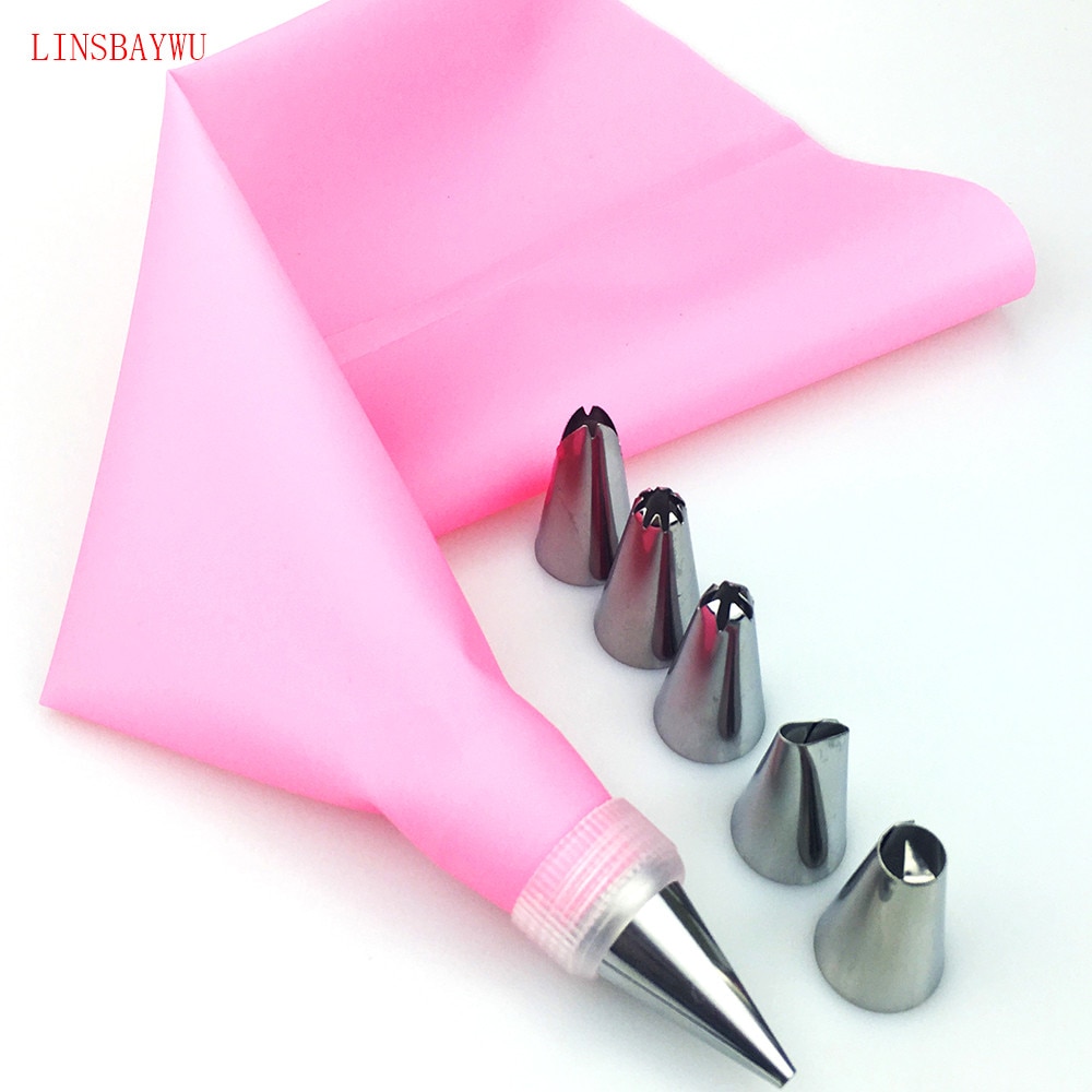 8 PCS/set Silicone Kitchen Accessories Icing Piping Cream Pink Pastry Bag + 6 Stainless Steel Nozzle DIY Cake Decorating Tips