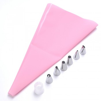 8 PCS/set Silicone Kitchen Accessories Icing Piping Cream Pink Pastry Bag + 6 Stainless Steel Nozzle DIY Cake Decorating Tips