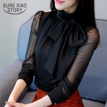 2018 New Summer Fashion Tunic Women Blouse Shirts Long Sleeve Tie Bow Chiffon Turtleneck Formal Women White Black Shirts 0599 30