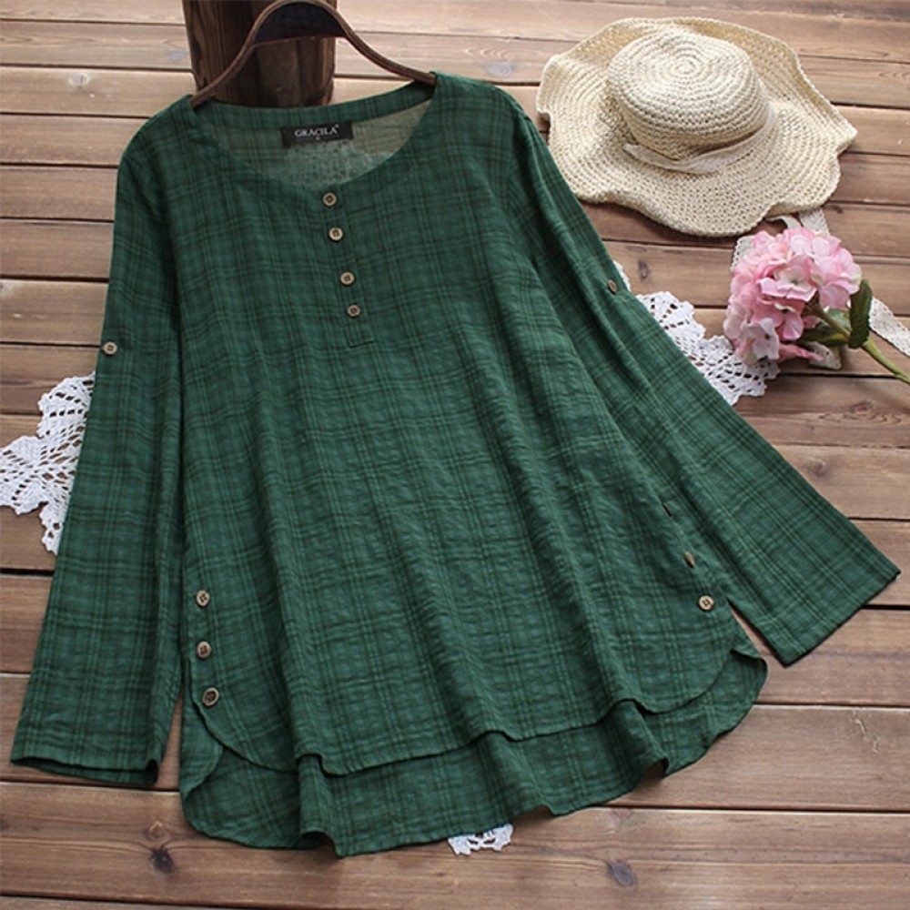 New Fashion Women Side Buttons Plaid Shirt 2018 Female Autumn Irregular Cotton Linen Blouse Long Sleeve O Neck Blusas Plus Size