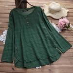 New Fashion Women Side Buttons Plaid Shirt 2018 Female Autumn Irregular Cotton Linen Blouse Long Sleeve O Neck Blusas Plus Size