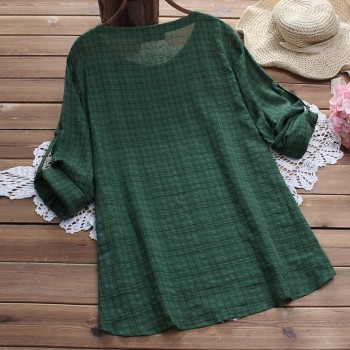 New Fashion Women Side Buttons Plaid Shirt 2018 Female Autumn Irregular Cotton Linen Blouse Long Sleeve O Neck Blusas Plus Size