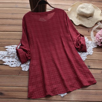 New Fashion Women Side Buttons Plaid Shirt 2018 Female Autumn Irregular Cotton Linen Blouse Long Sleeve O Neck Blusas Plus Size