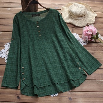 New Fashion Women Side Buttons Plaid Shirt 2018 Female Autumn Irregular Cotton Linen Blouse Long Sleeve O Neck Blusas Plus Size
