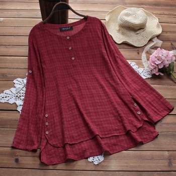 New Fashion Women Side Buttons Plaid Shirt 2018 Female Autumn Irregular Cotton Linen Blouse Long Sleeve O Neck Blusas Plus Size