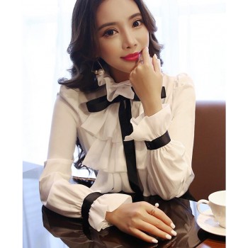 New Women Tops Fashion white Ruffles Bow Long Sleeve Shirt Casual Chiffon Blouse 2018 Work Wear Office Blusas Femininas