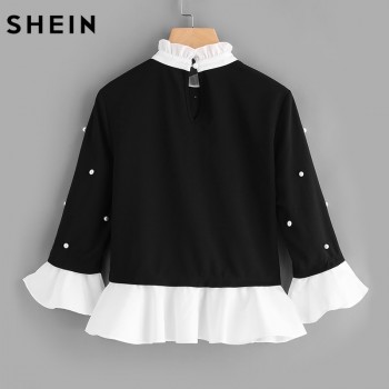 SHEIN Contrast Frill Trim Pearl Embellished Top Black and White Contrast Collar Three Quarter Length Flare Sleeve Blouse
