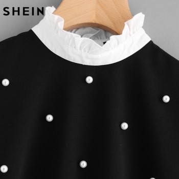 SHEIN Contrast Frill Trim Pearl Embellished Top Black and White Contrast Collar Three Quarter Length Flare Sleeve Blouse