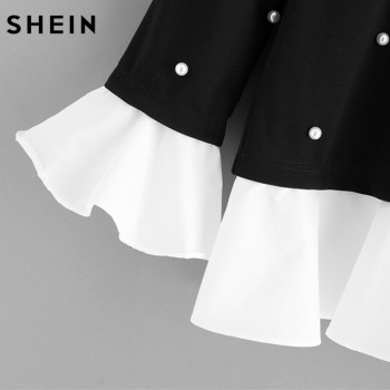 SHEIN Contrast Frill Trim Pearl Embellished Top Black and White Contrast Collar Three Quarter Length Flare Sleeve Blouse