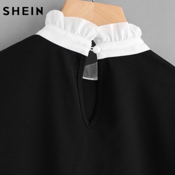 SHEIN Contrast Frill Trim Pearl Embellished Top Black and White Contrast Collar Three Quarter Length Flare Sleeve Blouse