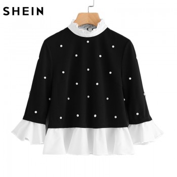 SHEIN Contrast Frill Trim Pearl Embellished Top Black and White Contrast Collar Three Quarter Length Flare Sleeve Blouse