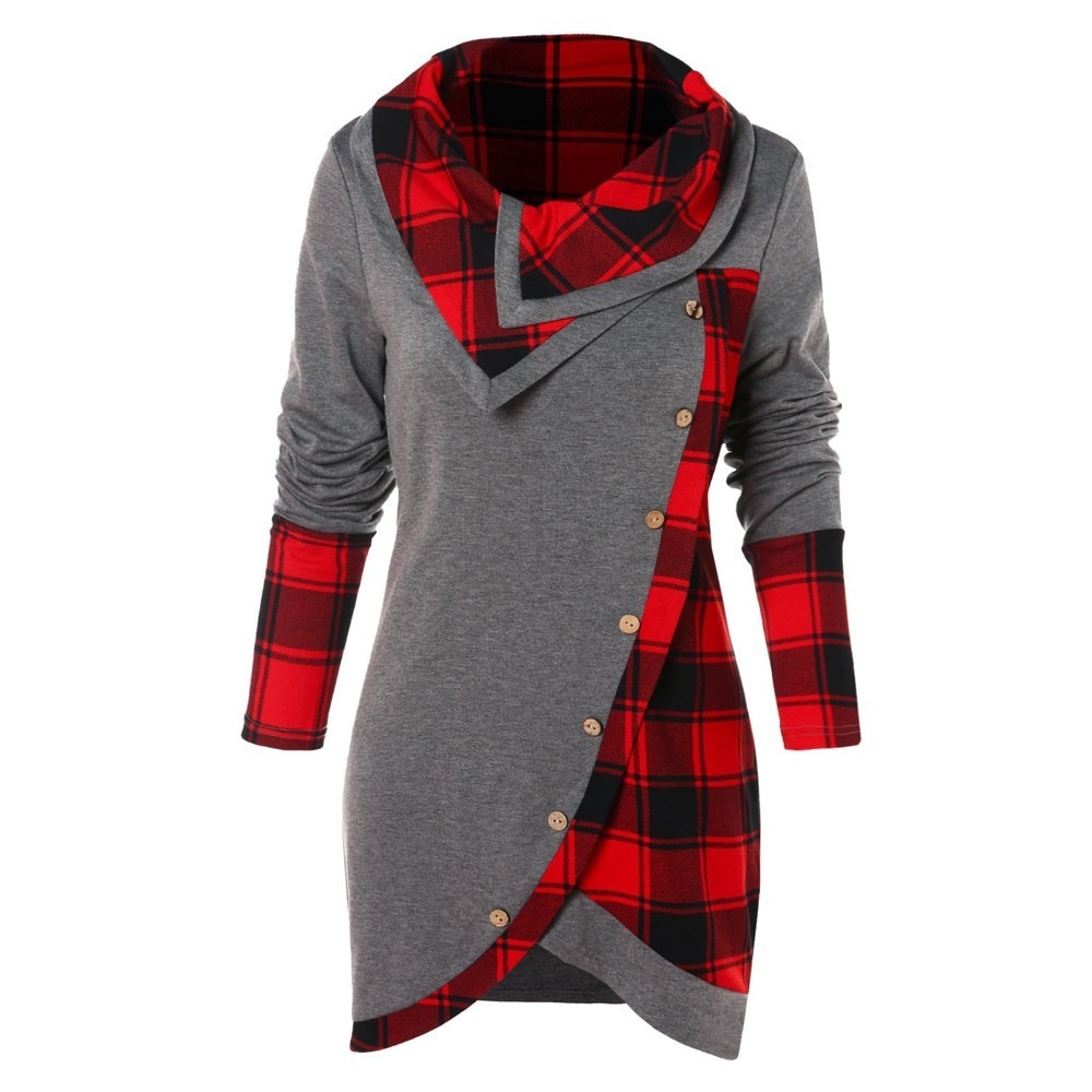 2019 NEW Blouse Women Long Sleeve Irregular Hem Plaid Button Turtleneck Tartan Tunic Sweatshirt Pullover Tops #Y