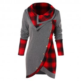 2019 NEW Blouse Women Long Sleeve Irregular Hem Plaid Button Turtleneck Tartan Tunic Sweatshirt Pullover Tops #Y